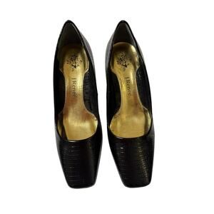 J. Renee Mary Black Lizard Embossed Pumps Square Toe Gold Band Heel Size 7W